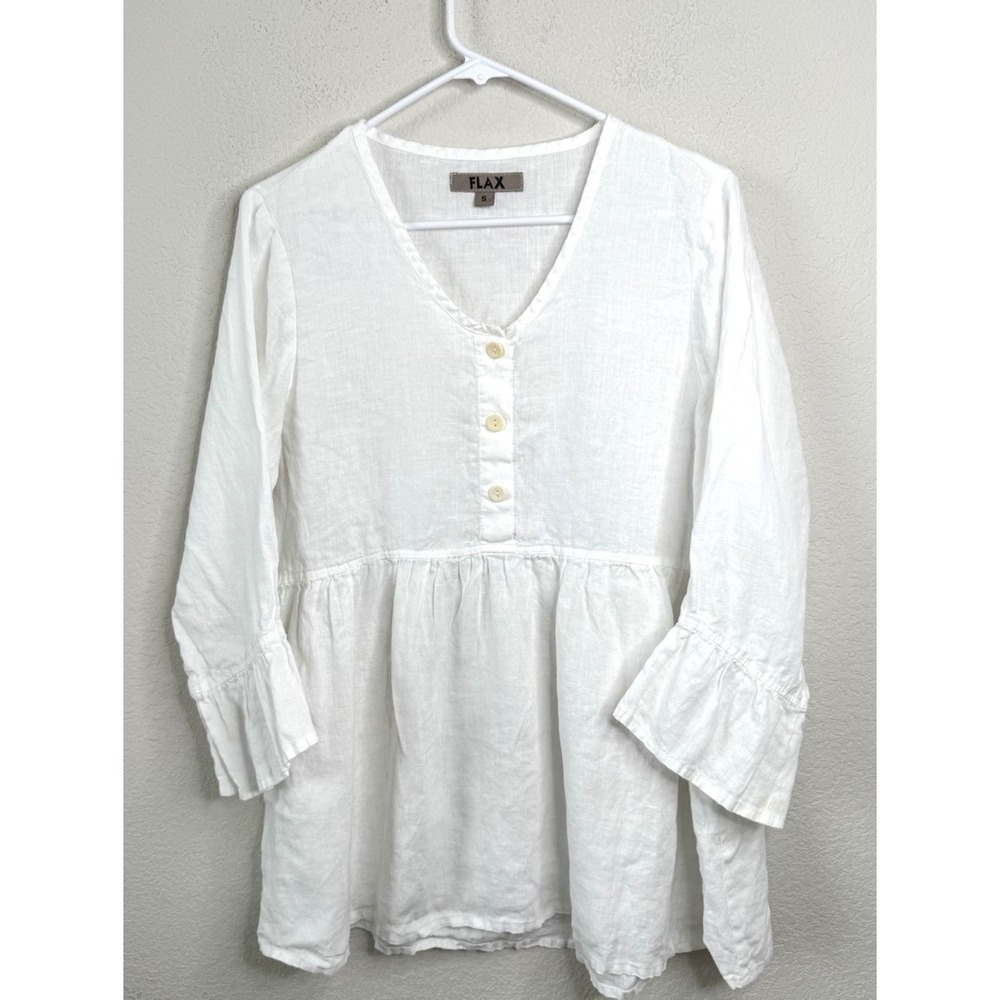 FLAX 100% Linen Peplum Top Blouse Women's S White Bell Sleeves Boho Cottagecore